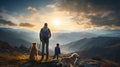 Travel companions travellers and dogs on a mountain top