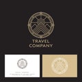 Travel company logo. Mountain peaks and sun in a compass circle. Emblem for sportswear, mountaineering and mining equipment.