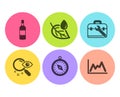 Travel compass, Search and Leaf dew icons set. Tool case, Brandy bottle and Diagram signs. Vector