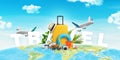 Travel composition with bag, hat, beach items and planes on world map