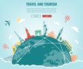 Travel composition with famous world landmarks. Travel and Tourism. Concept website template. Vector Royalty Free Stock Photo