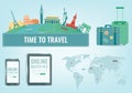 Travel composition with famous world landmarks. Travel and Tourism. Concept website template. Vector Royalty Free Stock Photo