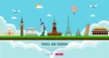 Travel composition with famous world landmarks. Travel and Tourism. Concept website template. Vector illustration.