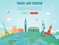 Travel composition with famous world landmarks. Travel and Tourism. Concept website template. Vector Royalty Free Stock Photo