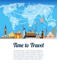 Travel composition with famous world landmarks. Travel and Tourism. Vector. Modern flat design.