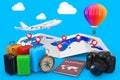 Travel Concept. Airplane with Hot Air Balloon over World Map wit Royalty Free Stock Photo