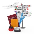 Travel Concept. Airplane over Signpost with Various Countries Names and Flags near Passport, Airline Boarding Pass Tickets and