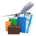 Travel concept. Airplane with passport, airline boarding pass tickets and baggage. 3D rendering Royalty Free Stock Photo