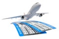 Travel concept. Airplane with two airline boarding pass tickets, 3D rendering Royalty Free Stock Photo