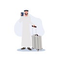 travel concept, At the airport,immigration. Arab man with luggage on airport is showing his passport. Flat vector illustration