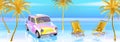 Travel concept background. Holographic car and golden palms.