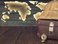 Travel Concept Background. Old Suitcase, Compass, Straw Hat, On A Wooden Background, In The Background The Contour Of The Map Of