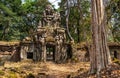 Travel concept. Beautiful view of ancient mysterious ruin in amazing Angkor, Siem Reap, Cambodia. Angkor is a popular tourist