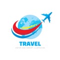 Travel - concept business logo template vector illustration. Airplane with abstract globe earth. Graphic design element. Royalty Free Stock Photo