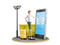 Travel concept cartoon man with a suitcase stands next to a smartphone with a ticket booking window on the screen 3d render on