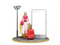 Travel concept cartoon woman with a suitcase stands next to a smartphone with a empty screen 3d render on white