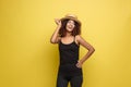 Travel concept - Close up Portrait young beautiful attractive African American woman with trendy hat smiling and joyful