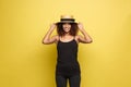 Travel concept - Close up Portrait young beautiful attractive African American woman with trendy hat smiling and joyful Royalty Free Stock Photo