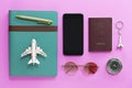 Travel concept. Closeup of mobile, passport, compass, sunglasses Royalty Free Stock Photo