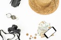Travel concept with copy space. Drone, straw hat, photo camera, compass and USA money on white background. Flat lay, top view Royalty Free Stock Photo