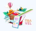 3D vacation illustration with suitcase, airplane and things for traveling. Realistic vector illustration