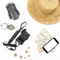 Travel concept with drone, straw hat, photo camera, compass and usa modey on white background. Flat lay, top view Royalty Free Stock Photo