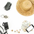 Travel concept. Drone, straw hat, photo camera, compass and USA money on white background. Flat lay, top view Royalty Free Stock Photo