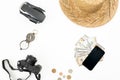 Travel concept with drone, straw hat, photo camera, vintage compass and usa cash on white background. Flat lay Royalty Free Stock Photo