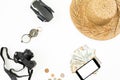 Travel concept with frame. Drone, straw hat, camera, compass and usa money on white background. Flat lay, top view. Royalty Free Stock Photo