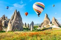 Travel concept. The great tourist attraction of Cappadocia - balloon flight. Cappadocia is the best places to fly with hot air