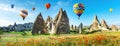 Travel concept. The great tourist attraction of Cappadocia - balloon flight. Cappadocia is known around the world as one of the