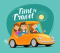 Travel concept. Happy friends ride retro car on journey. Funny cartoon vector illustration