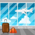 Travel concept illustration at the airport. Traveling background with airplane and suitcases