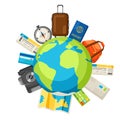 Travel concept illustration. Traveling background with tourist items