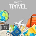 Travel concept illustration. Traveling background with tourist items. Top view