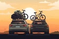 Travel concept, illustration of two cars with bikes at sunset
