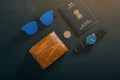 Travel concept , Indian passport with watch , wallet , sun glass and indian coin