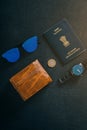 Travel concept , Indian passport with watch , wallet , sun glass and indian coin