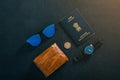 Travel concept , Indian passport with watch , wallet , sun glass and indian coin