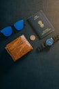 Travel concept , Indian passport with watch , wallet , sun glass and indian coin
