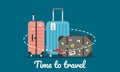 Travel concept with luggage or baggage and old vintage leather suitcase with travel stickers. Time to travel. Vector illustration