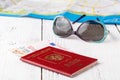 Travel concept on map background. travel plannig. top view of traveler`s accesories and copy space