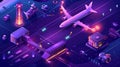 Travel concept modern illustration. Airport runway with burning lights and plane taking off on purple background. For Royalty Free Stock Photo