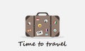 Travel concept with old vintage leather suitcase with travel stickers. Time to travel. Vector illustration