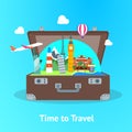 Travel Concept with Open Suitcase Card Poster. Vector Royalty Free Stock Photo