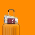 Travel Concept. Orange Travel Suitcase with Golden Business or First Class Airline Boarding Pass Fly Air Tickets and Passports. 3d