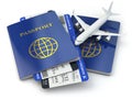 Travel concept. Passports, airline tickets and airplane. Royalty Free Stock Photo
