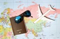 Travel concept with plan money passport sunglasses