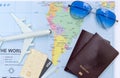 Travel concept with plan money passport sunglasses