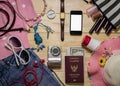 Travel concept, Set of clothes and accessory for female travele Royalty Free Stock Photo